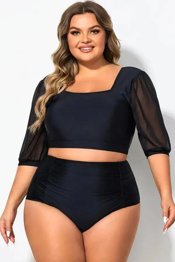 Square Neck Short Mesh Puff Sleeve Bikini Top