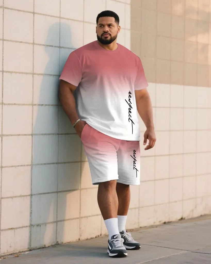 Big & Tall Men's Gradient Contrast Handwritten Respect Slogan Printed T-Shirt and Shorts Suit