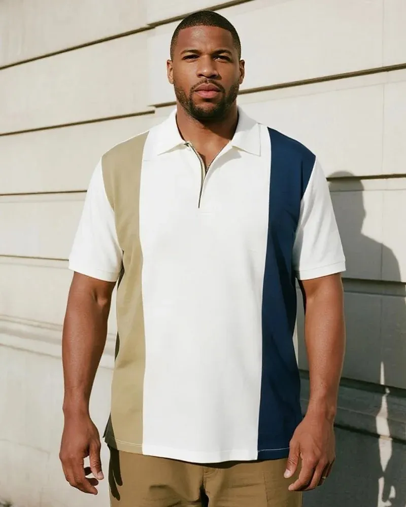 Big & Tall Men's Business Contrast Color Striped Short Sleeve Polo Shirt