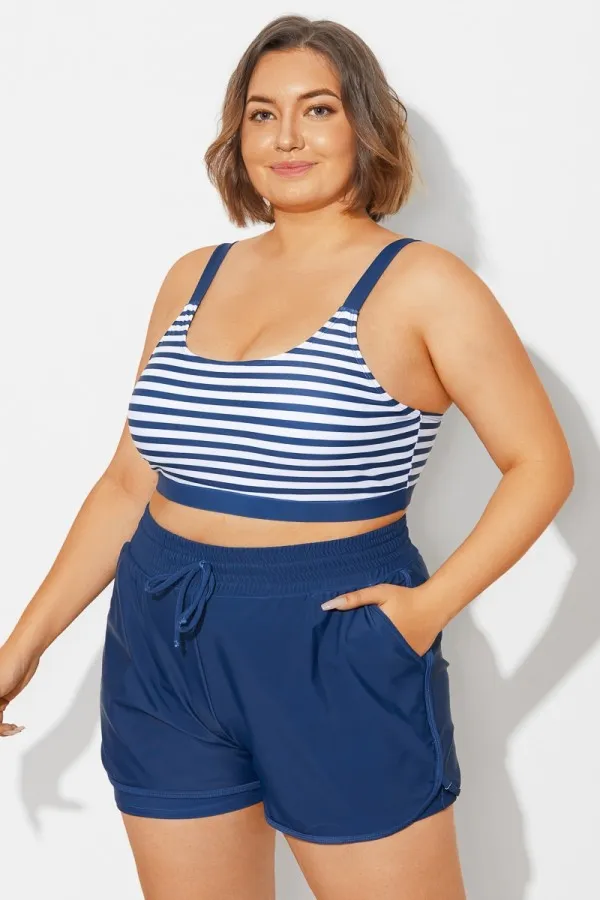 Plus Size Green Check Pinstripe Bikini Top