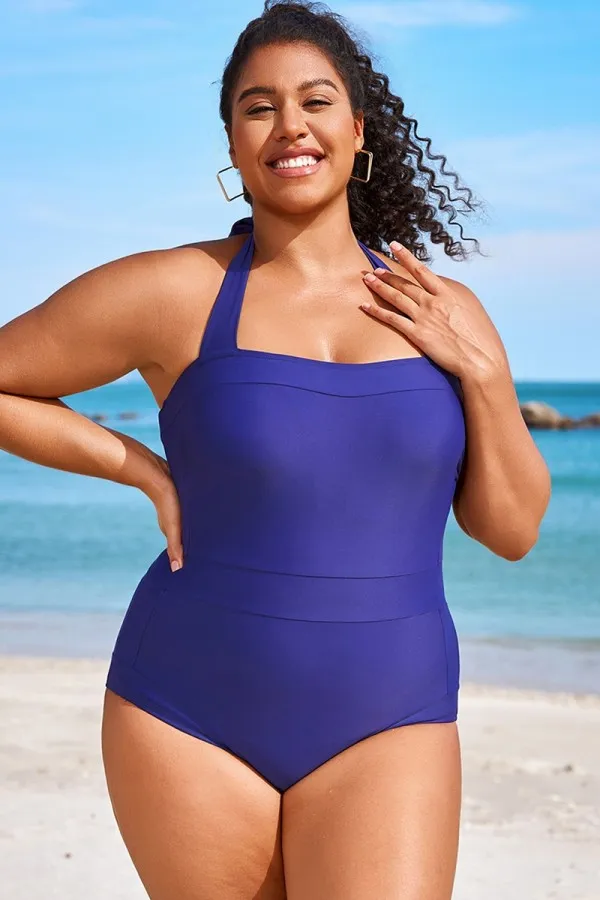 Navy Square Neck Halter One Piece Swimsuit