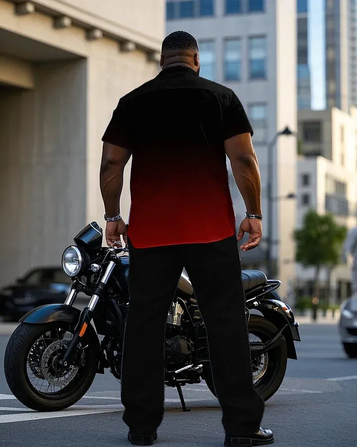 Big Men'S Business Black & Red Gradient Craft Short Sleeve Shirt Pants Set