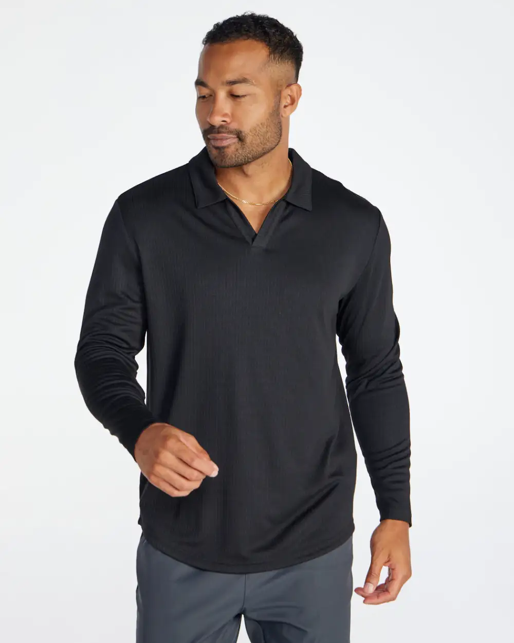 Ribbed Long Sleeve Open V Polo