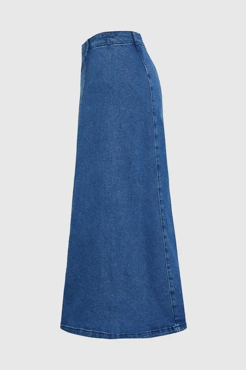 Wash Stitch Detail High Rise Long Denim Skirt Without Belt