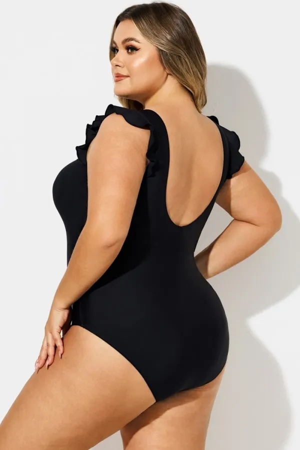 Black Ruffle Sleeves V-Neck One Piece Swimsuit