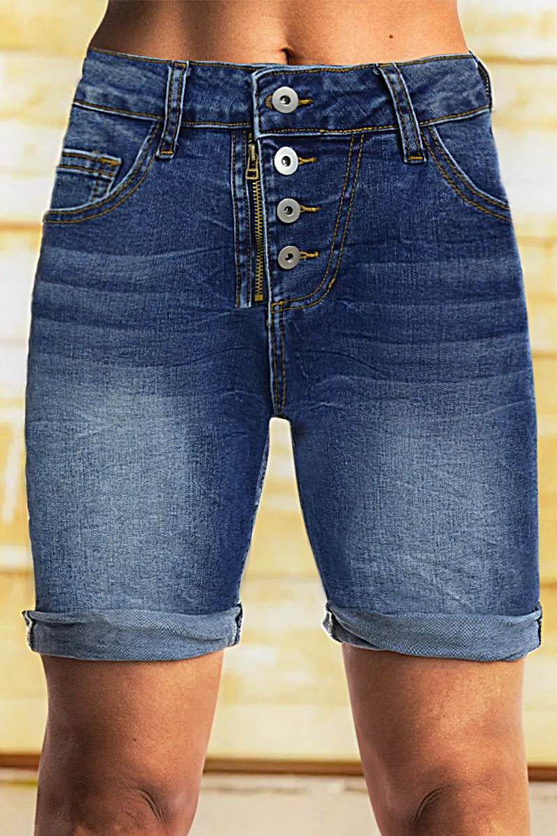Wash Button Up Roll Hem High Waist Denim Mid Thigh Shorts