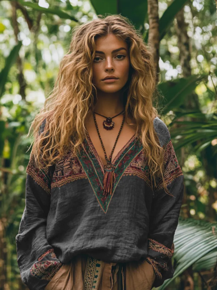Retro Boho Tribal Embroidery Print Cotton And Linen Blend Loose Blouse