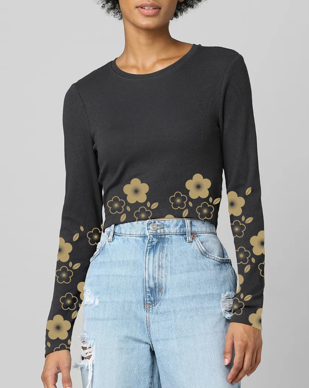 Black Floral Embroidered Long Sleeve Cropped Top