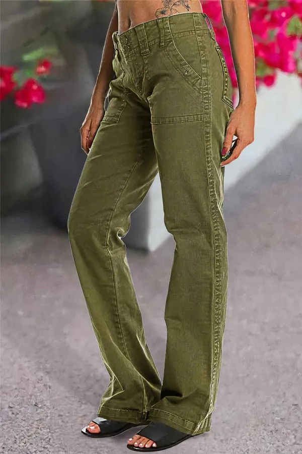 Double Button Mid Waist Straight Leg Pants