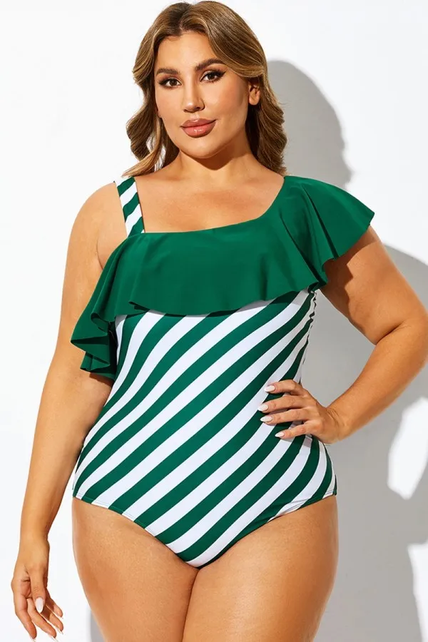 Green Striped Flounce Panel One Piece Swimsuit