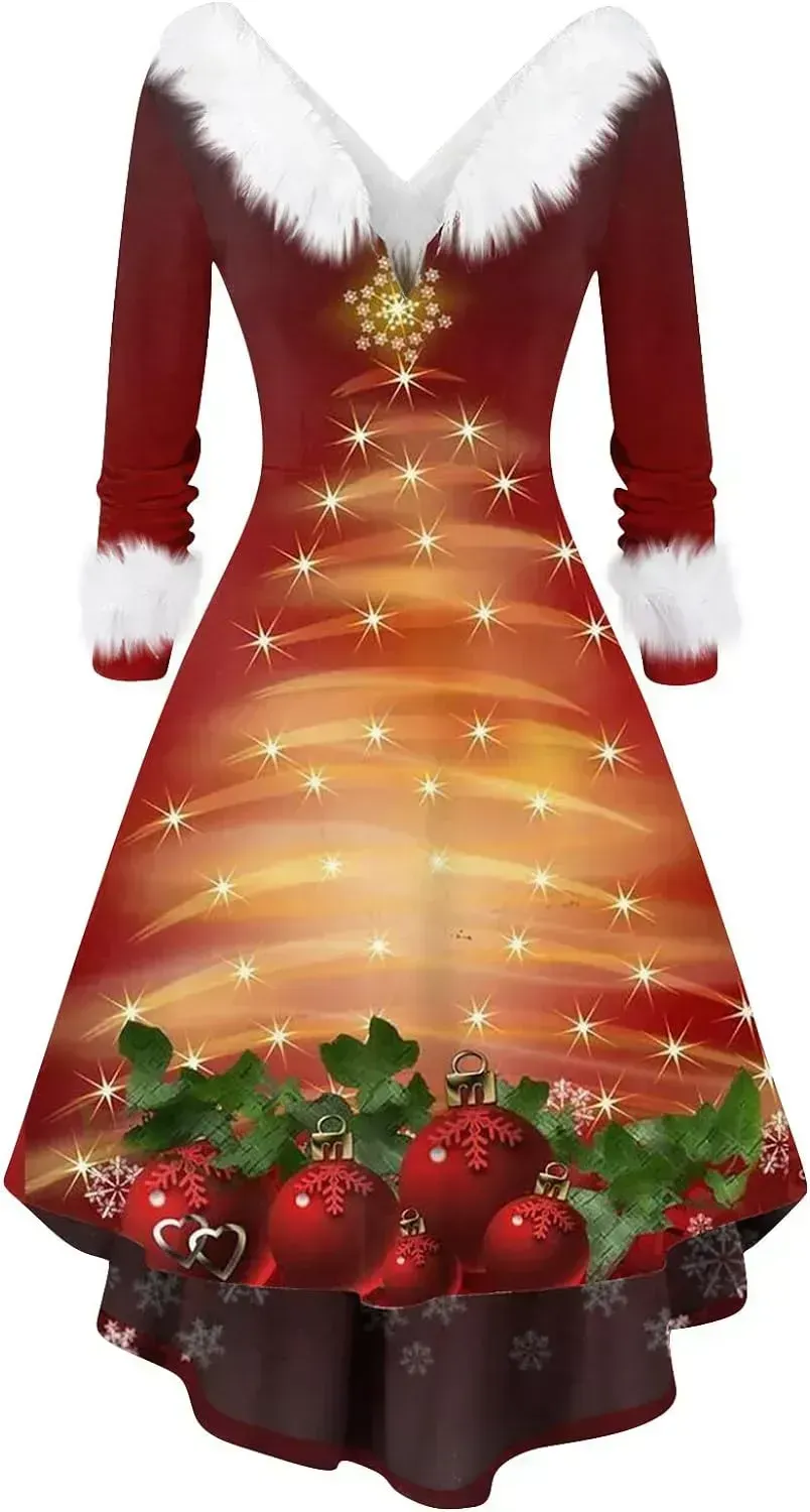 Womens Christmas Dress Fuzzy Mrs Claus Christmas Holiday Xmas Cocktail Holiday Party Flare Dress