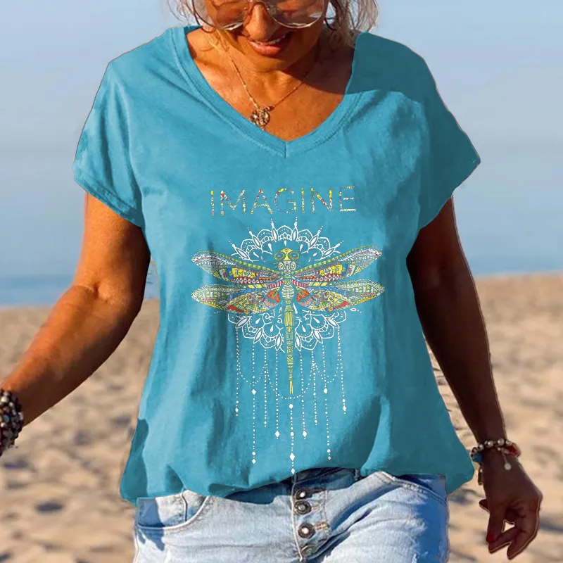 Imagine Dragonfly Printed V-neck T-shirt