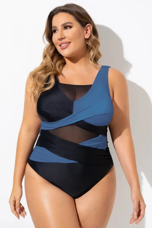 Black & White Sexy Cut Out Mesh One Piece Swimsuit