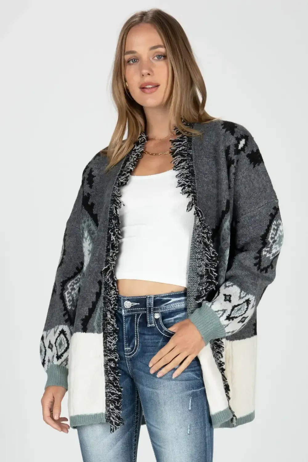 Sweater Block Open Front Aztec Cardigan
