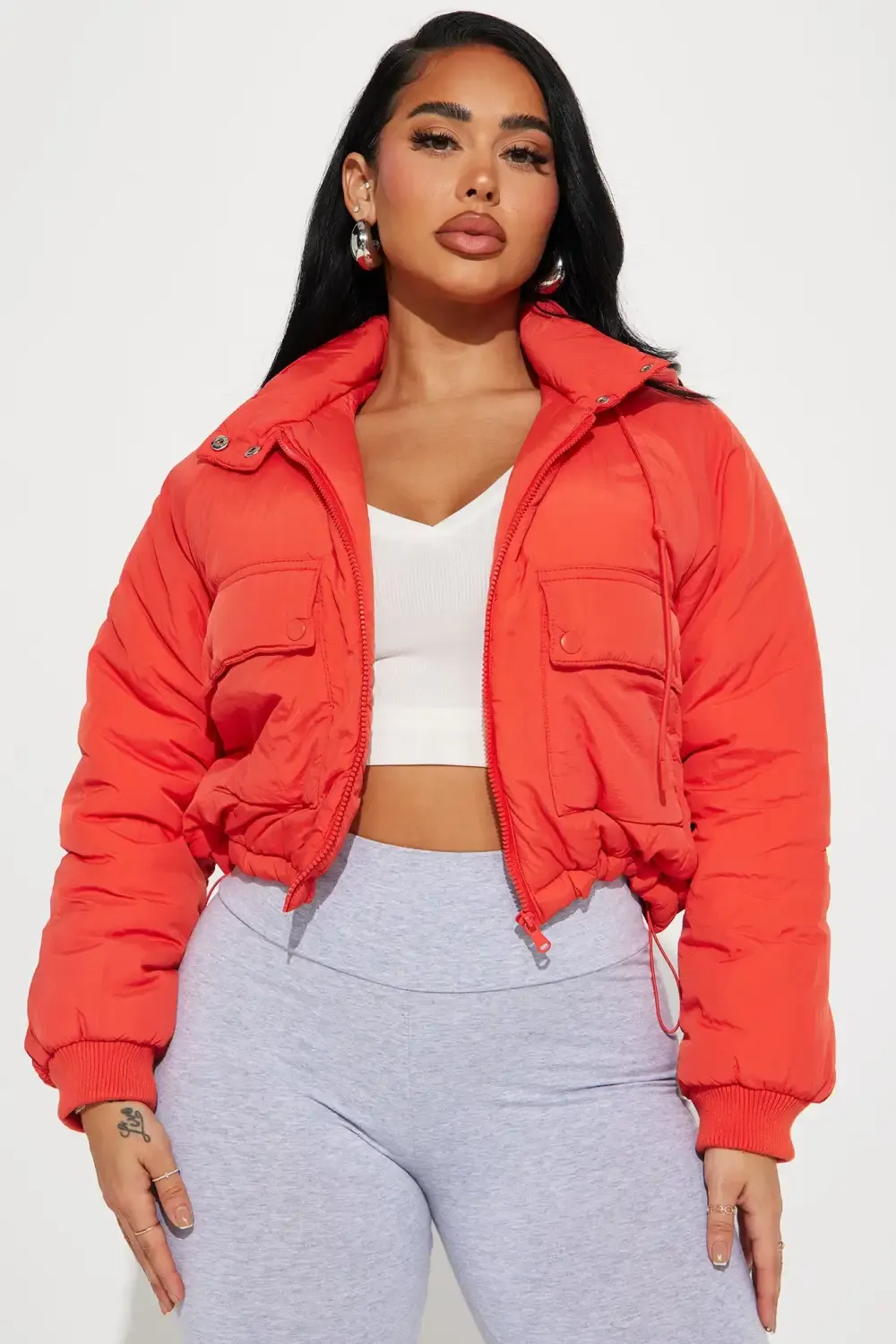 Giving You The Cold Shoulder Puffer Jacket - Red