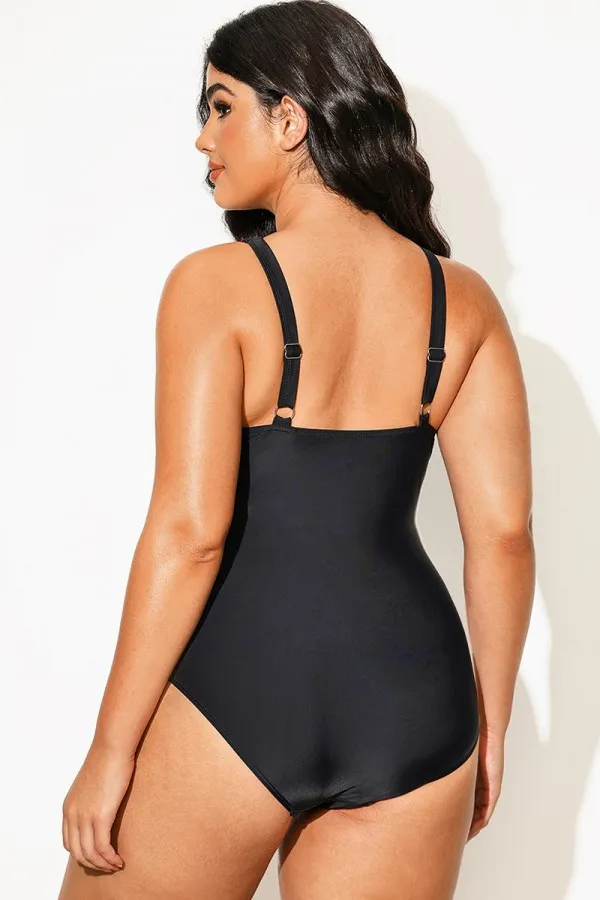 Black Cross Front V-Neck One Piece Swimsuit