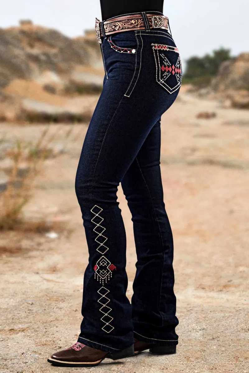 Wash Geo Embroidery Rhinestone Decor Mid Rise Bootcut Jeans Without Belt