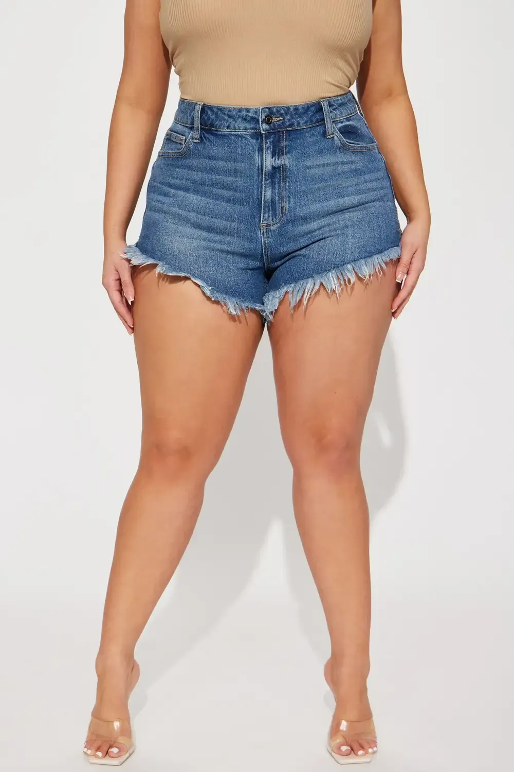 High Cut Cheeky Super Fray Denim Shorts - Medium Wash