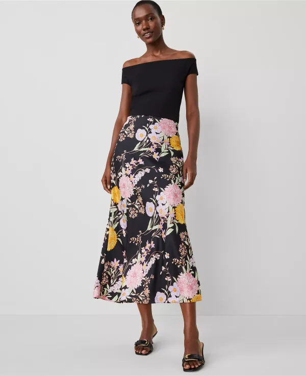 Floral Satin Bias Midi Slip Skirt
