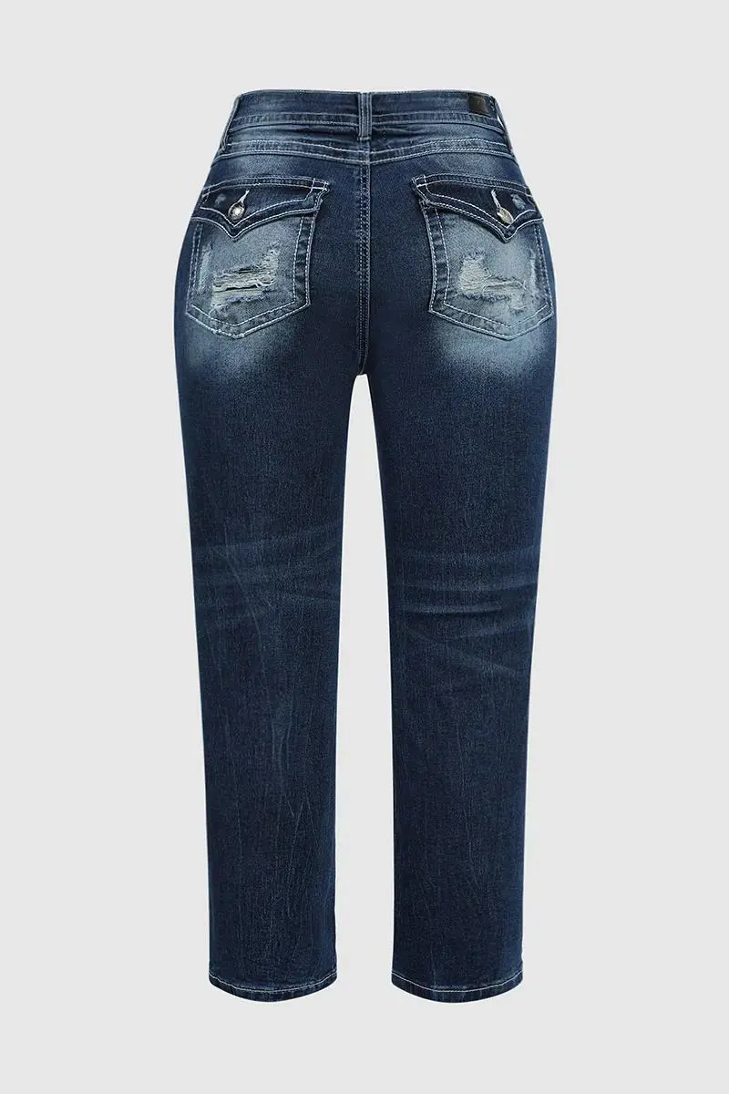 Ripped Washed Roll Hem Mid Waist Cropped Jeans