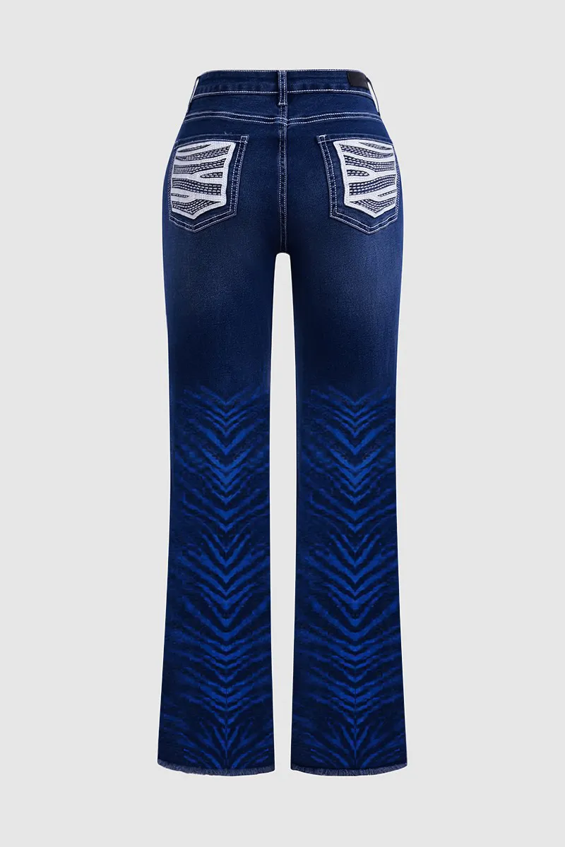 Zebra Striped Beaded Mid Waist Bootcut Jeans Without Belt