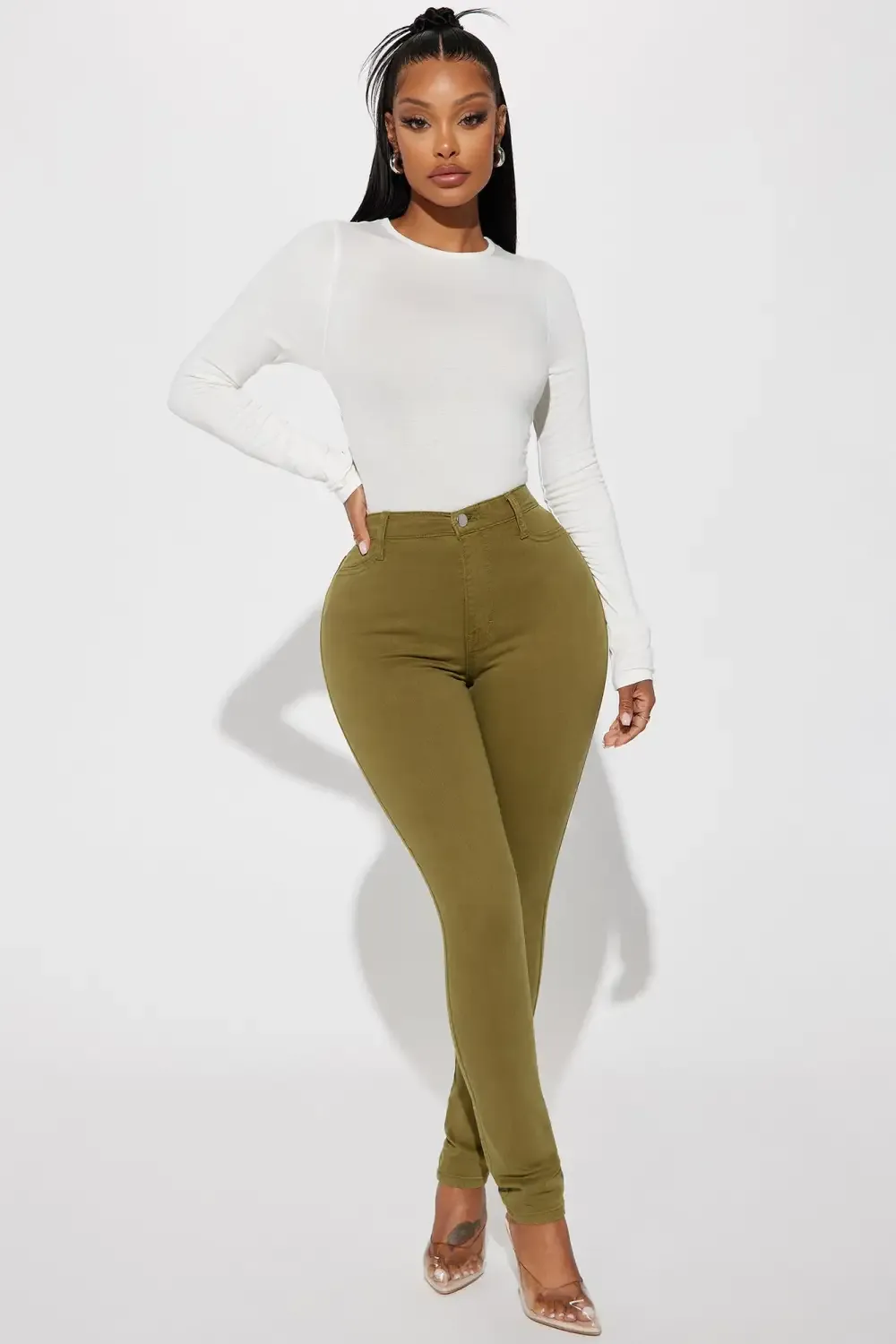 Classic Color High Waist Skinny Jeans - Olive