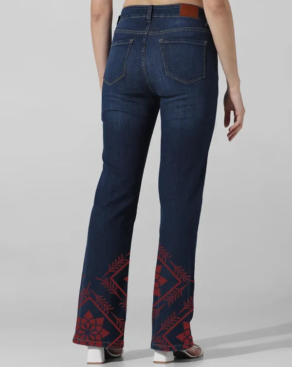 Blue Mid Rise Tulga Flared Jeans with Red Pattern