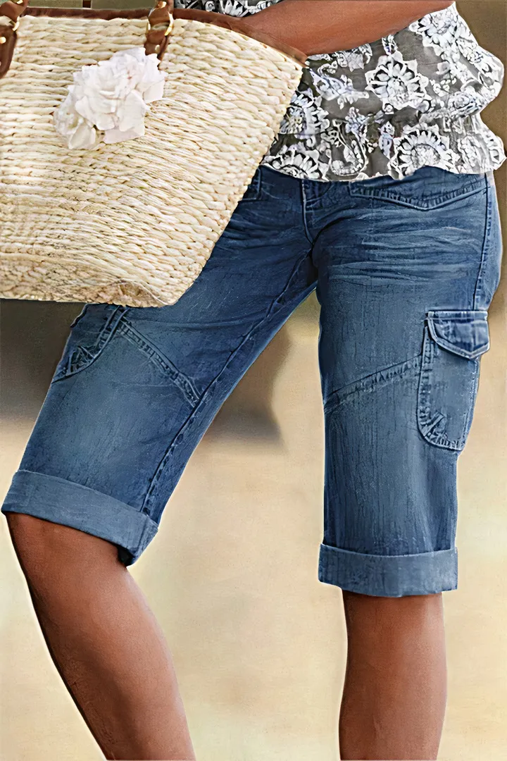Flap Pocket Roll Hem Bermuda Denim Shorts Without Belt