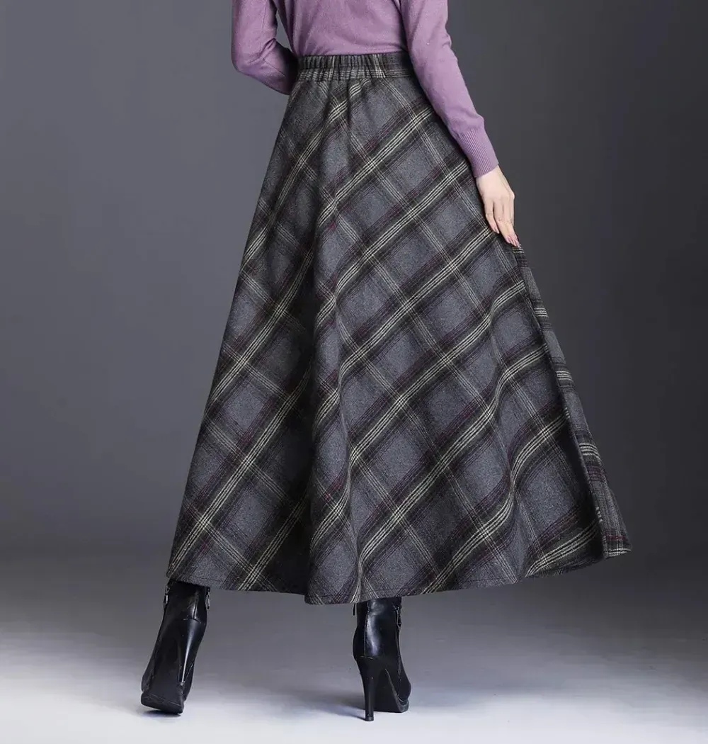 Women's Winter Elegant Warm Long Skirt Wool Maxi Skirts Elastic Waist A-Line High Waist Plaid Pleated Skirt S-3XL