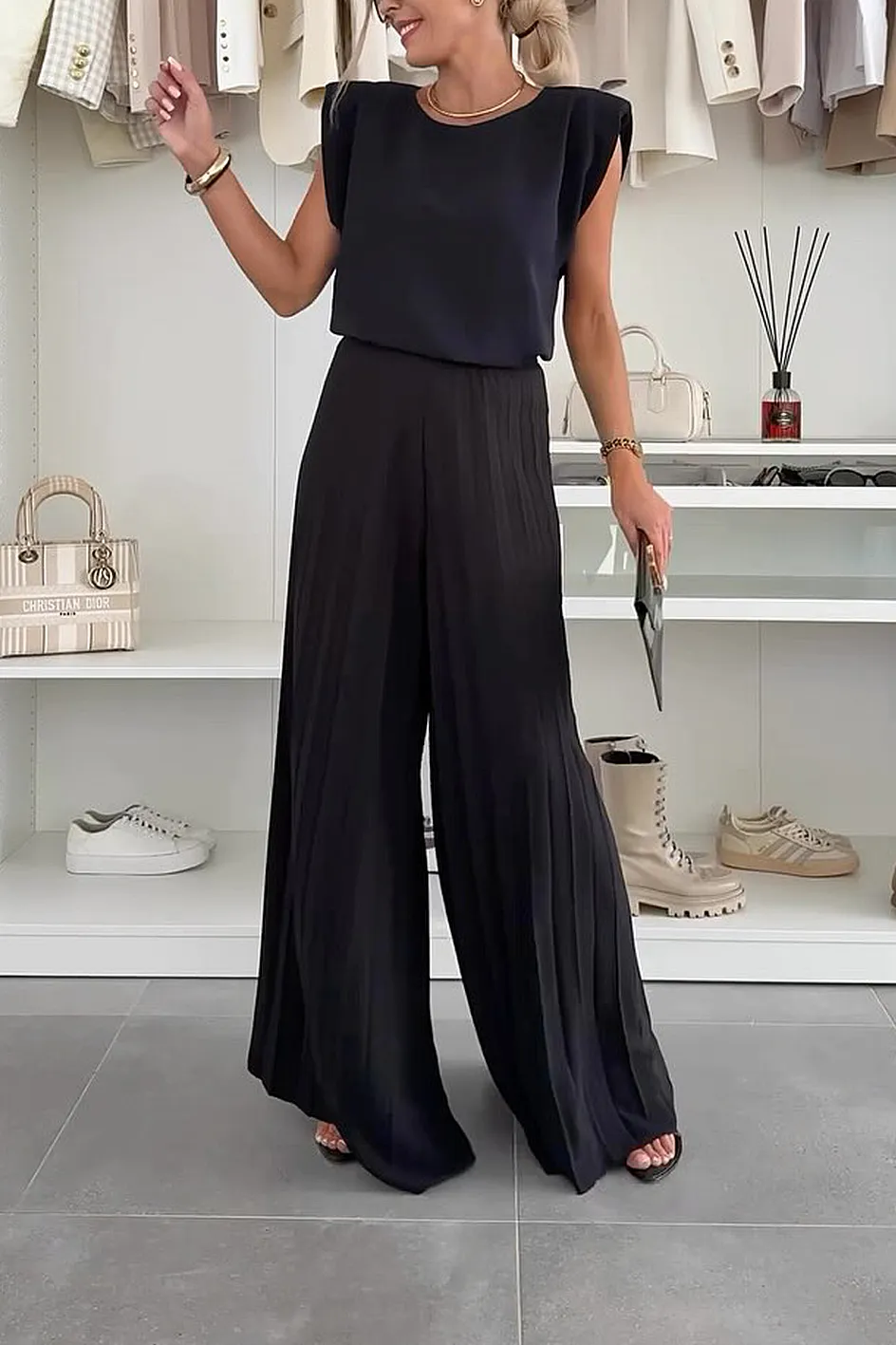 Women'S Stylish Casual Comfortable Top And Pleated Wide Pants Two-Piece Set
