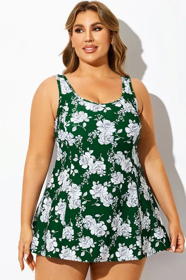 Green Floral Print Square Neck Tank Swimdress
