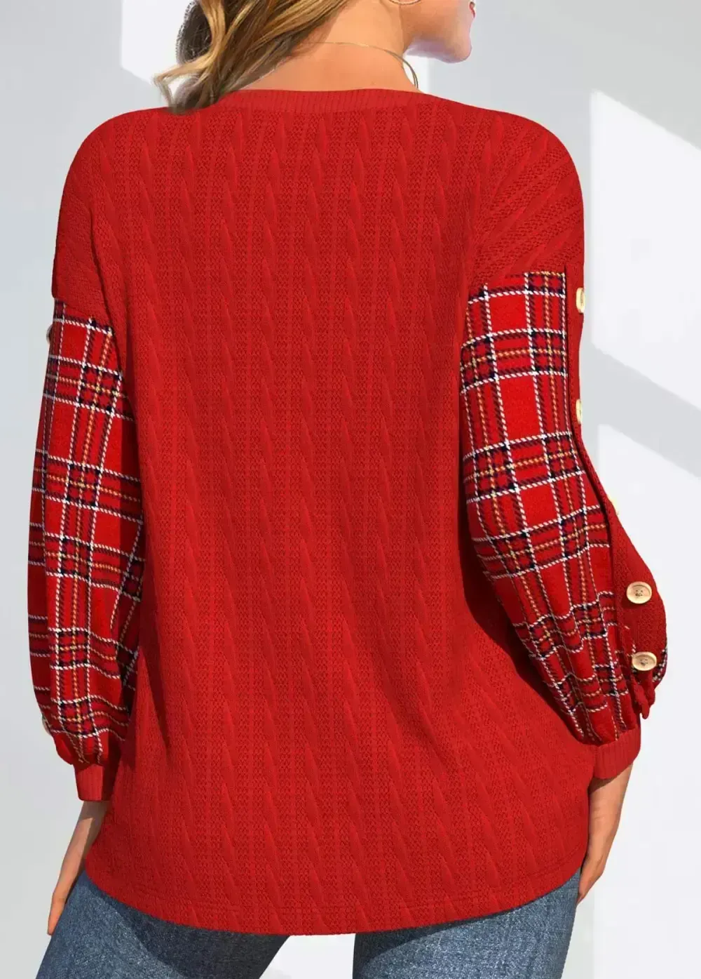 Red Button Plaid Long Sleeve Round Neck Sweatshirt
