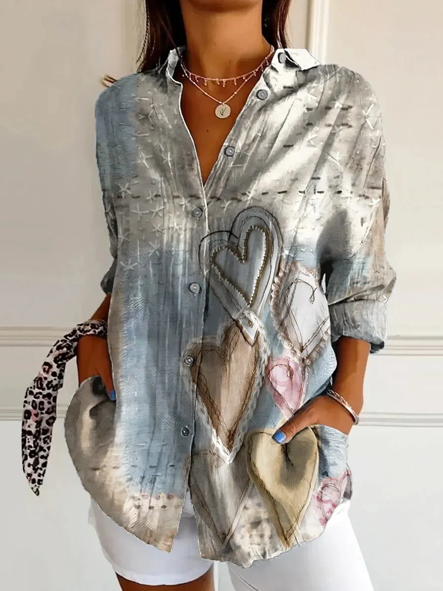 Women's Heart Art Linen Blend Casual Shirt