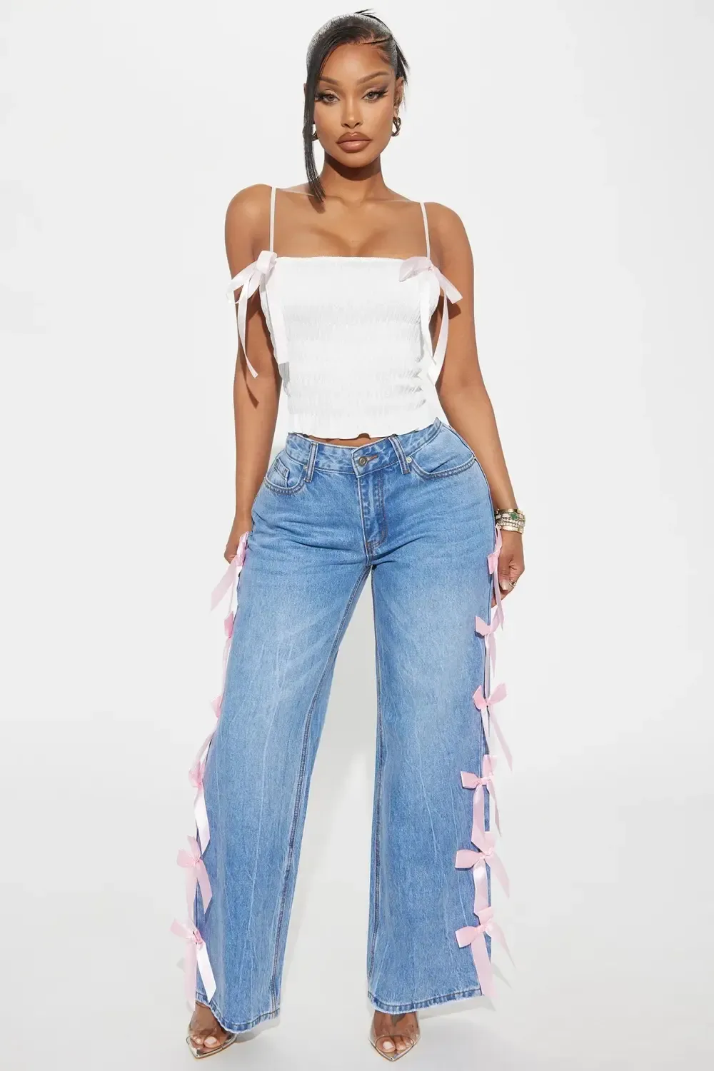 Dremi Ribbon Bow Non Stretch Wide Leg Jeans - Medium Wash