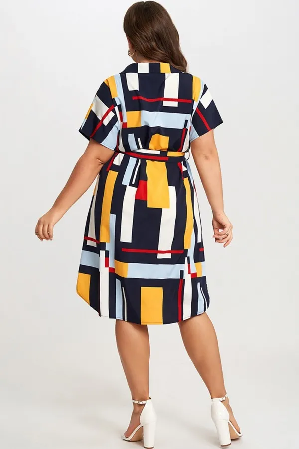 Print Color Block Dolman Sleeve Belted Plus Size Midi Dress