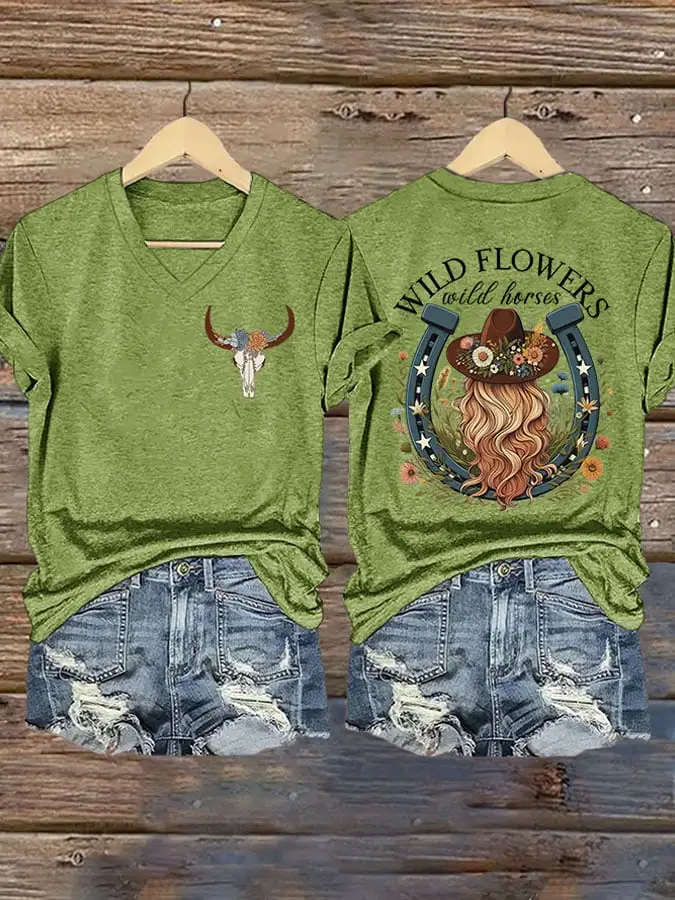 Women's Wild Flowers Wild Horses Printed T-Shirt