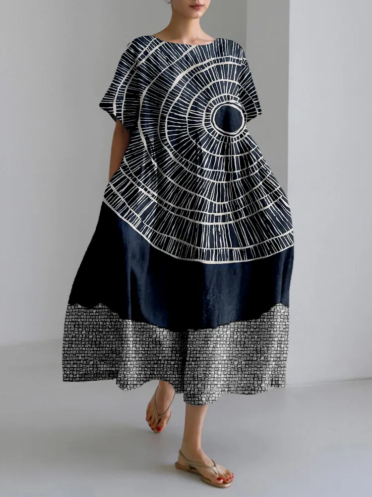 Vintage Abstract Art Pattern Linen Blend Maxi Dress