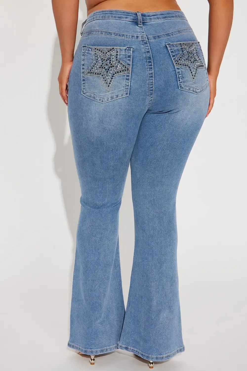 Wish On A Star Embellished Stretch Flare Jean - Light Wash