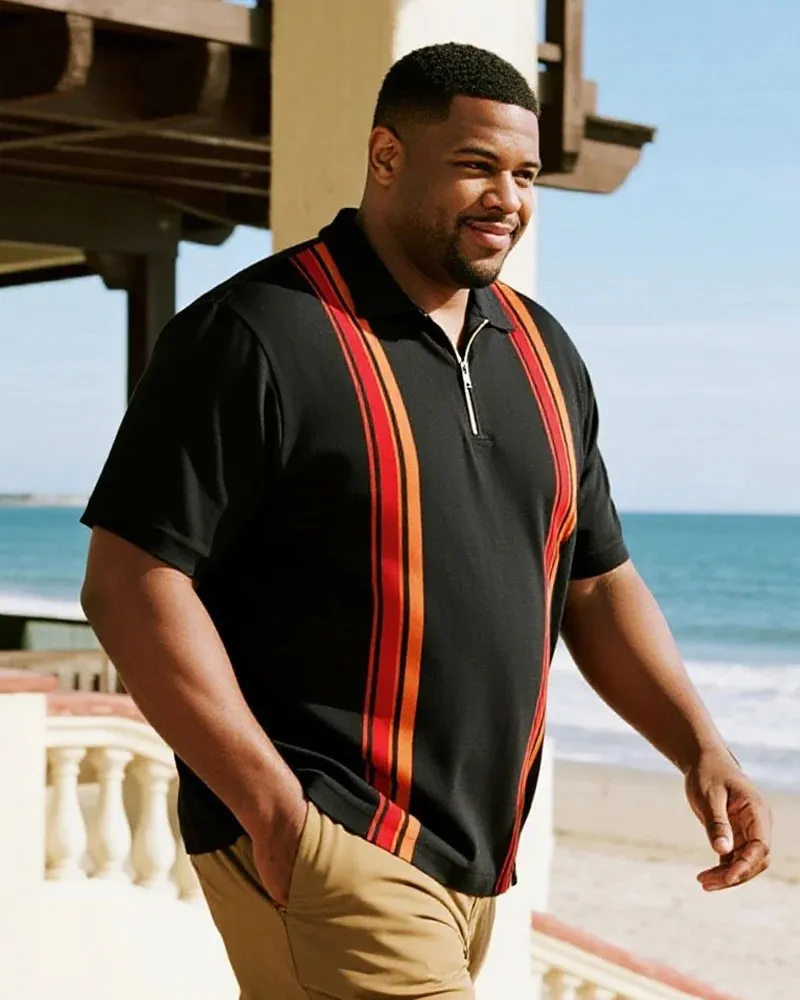 Big & Tall Men's Business Stripe Printed Short Sleeve Polo Shirt