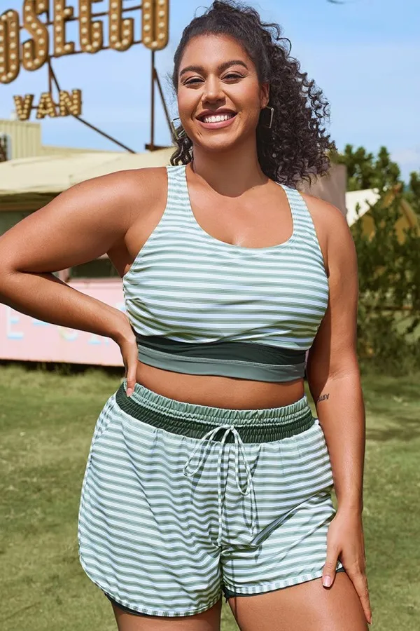 Plus Size Round Neck Black Patchwork Bikini Top