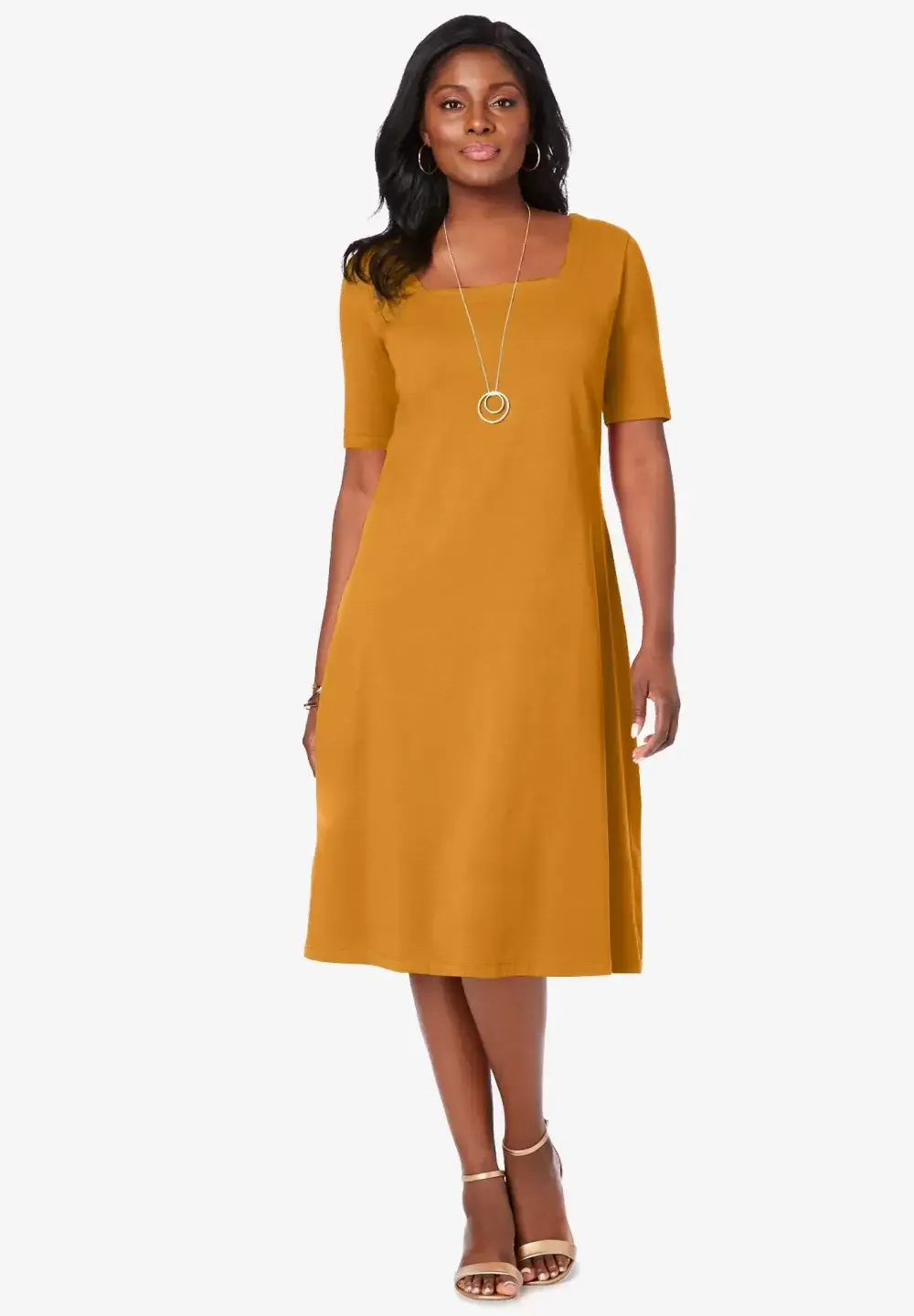 Stretch Cotton Square Neck Midi Dress