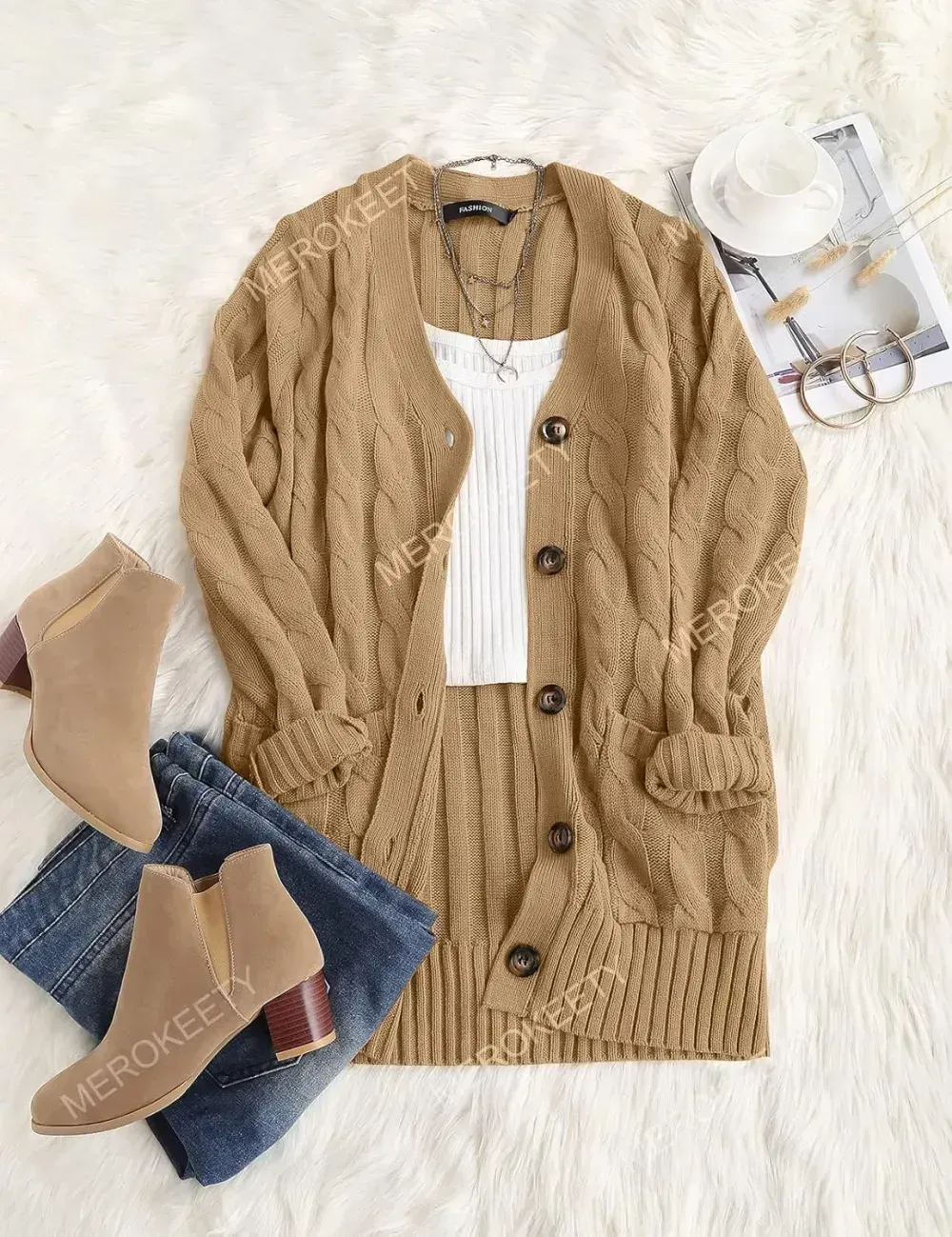 MEROKEETY Women's 2024 Fall Long Sleeve Cable Knit Sweater Open Front Cardigan Button Loose Outerwear