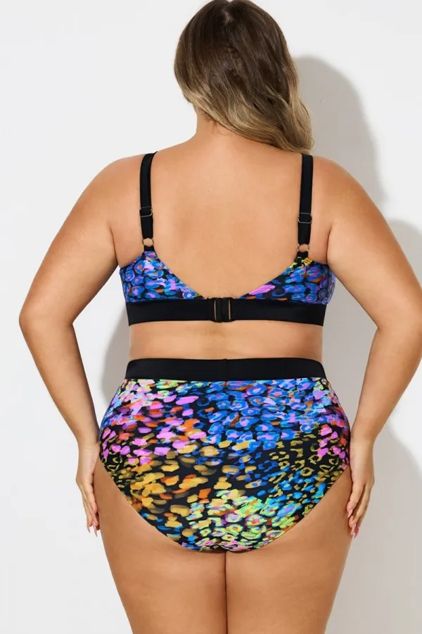 Plus Size V-Neck Neon Leopard Print Bikini Top