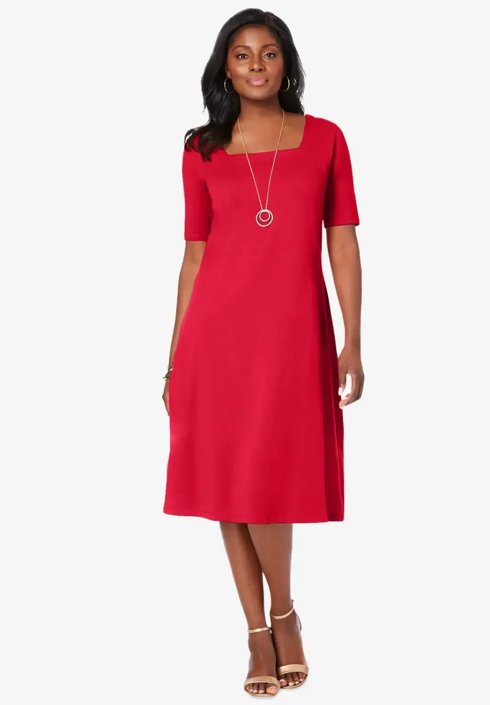 Stretch Cotton Square Neck Midi Dress