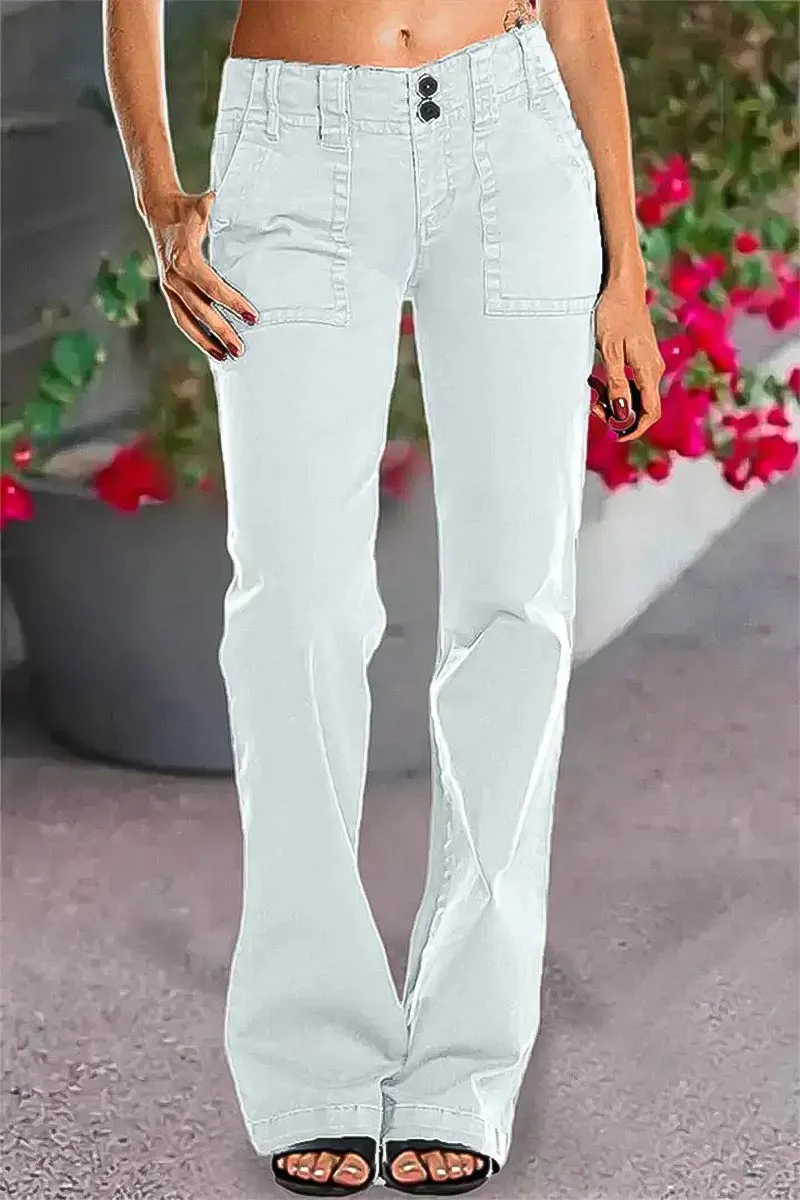 Double Button Mid Waist Straight Leg Pants