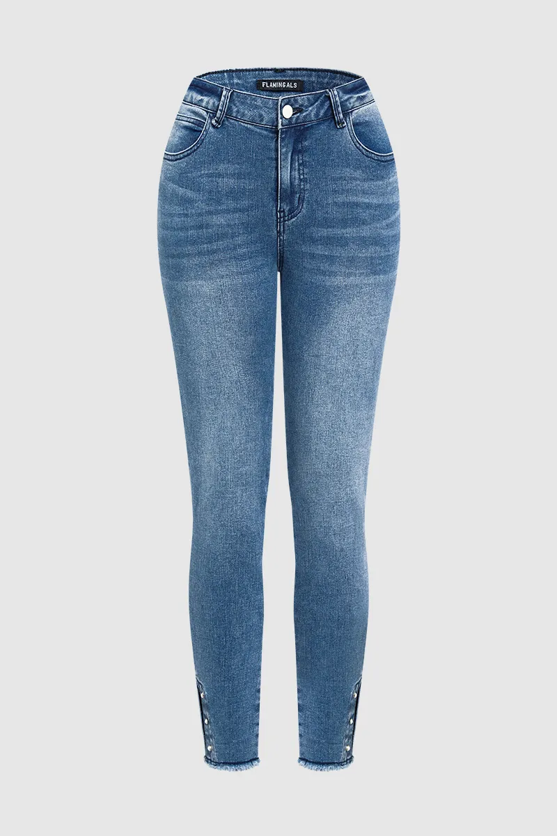 Button Side Raw Hem High Waist Skinny Jeans