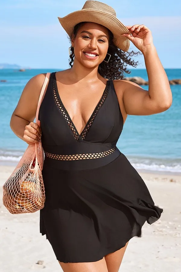 Plus Size Black Lattice Plunge Mesh Swimdress