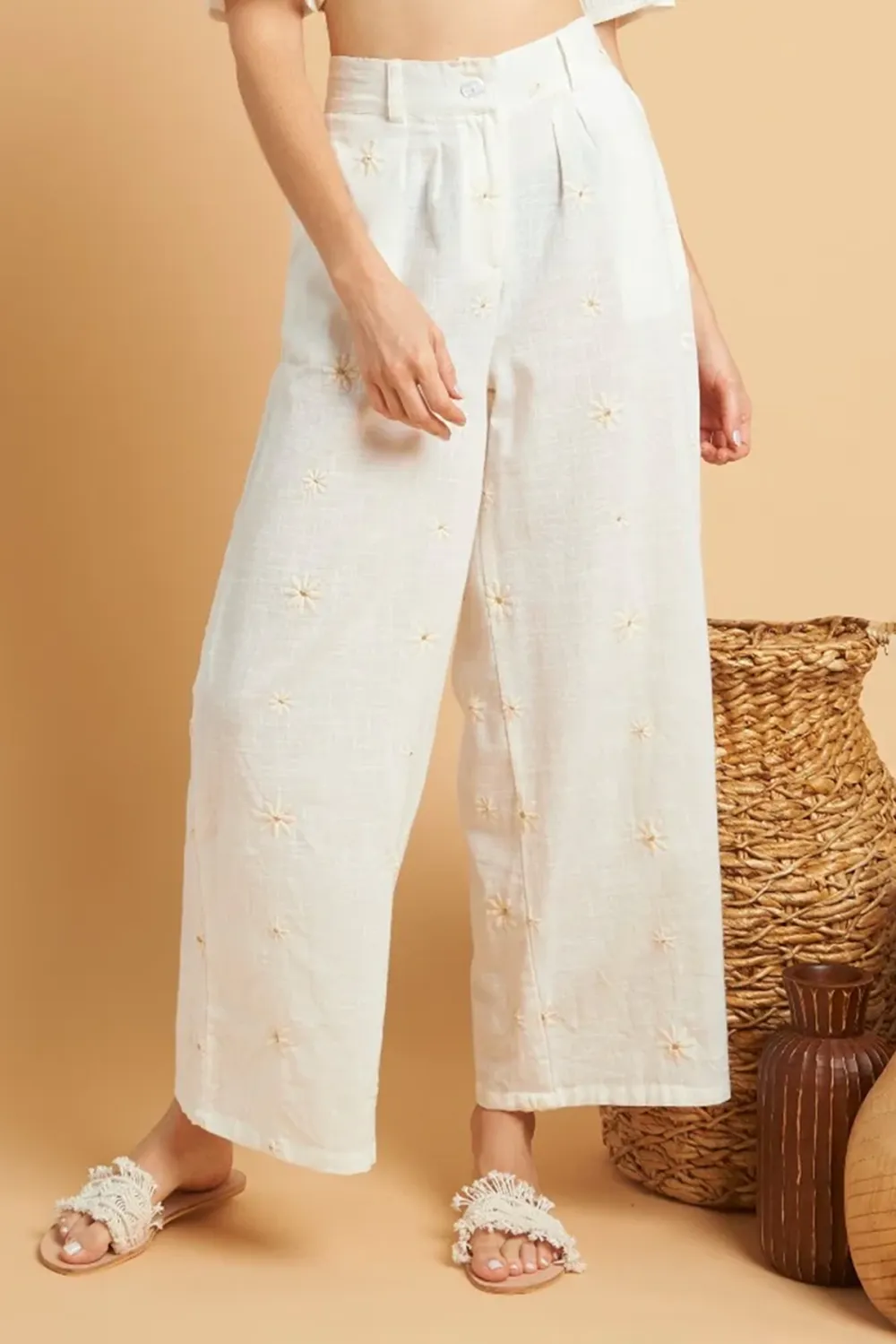 White Embroidered Crop Top And Pants Set