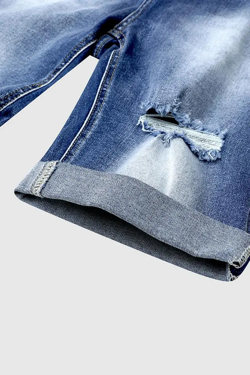 Ripped Roll Hem Mid Rise Denim Bermuda Shorts