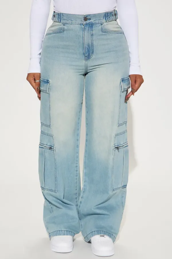 Just Once Tinted Baggy Cargo Jeans - Light Wash